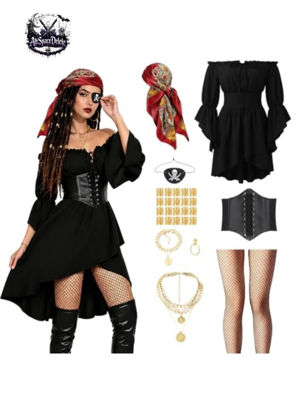 Pirate Renaissance Women Costume 9 Pc Off Shoulder Dress Set